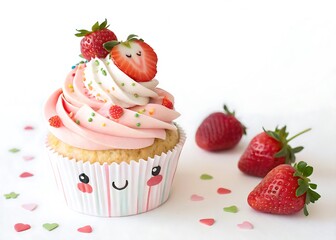 A charming strawberry cupcake with a smiling face and heartshaped sprinkles, isolated on white background