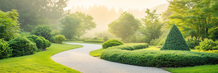 A peaceful conifer garden with trimmed pine and juniper bushes. A soft gravel path winding through, early morning mist.