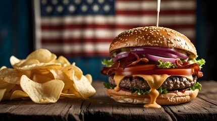 National Hamburger Day. Tempting, appetizing double cheeseburger. Tasty burger with American flag on wooden table