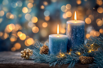 Two blue christmas candles glow warmly amidst pine branches and golden bokeh lights, creating a festive atmosphere