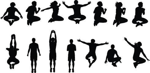 Silhouette of kids jumping in air, children playing poses, energetic young boys and girls vector, active lifestyle illustration, childhood freedom joy expression design