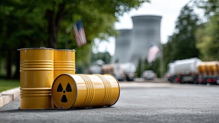 Three yellow barrels marked with the American flag and nuclear signs are prominently displayed in front of a large American flag