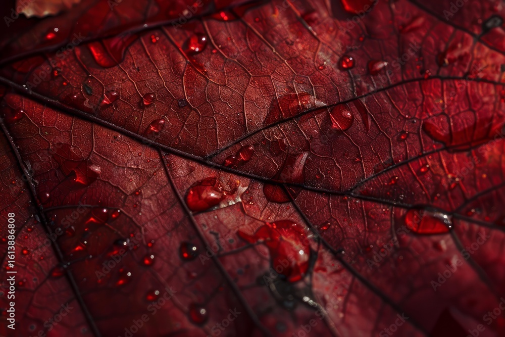 Aufkleber water drops resting on a red autumn leaf, creating a vibrant and detailed macro image