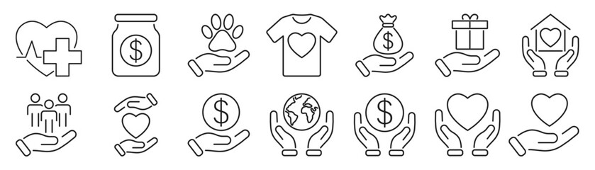 Charity and donation line icon set