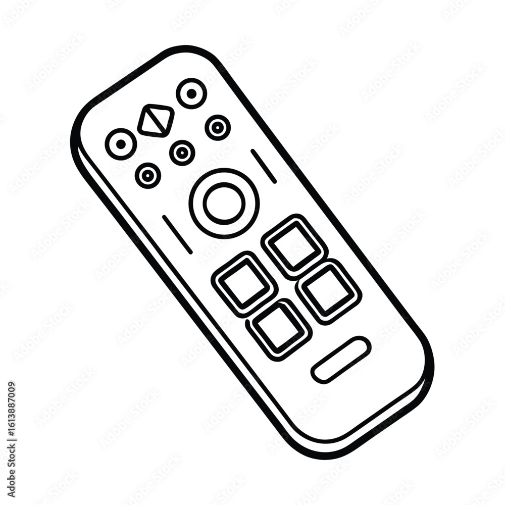Poster modern electronic remote control device with simple outline design isolated on white background