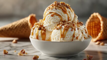 Delicious vanilla ice cream scoops with caramel drizzle and nuts served in white bowl dessert photography