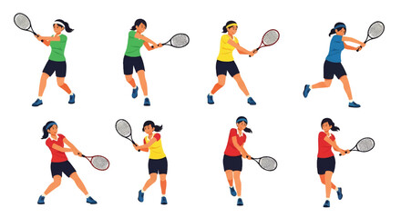 flat style illustration set of female tennis players in various dynamic poses like serving, forehand, and backhand shots, showcasing the energy and skill of the sport