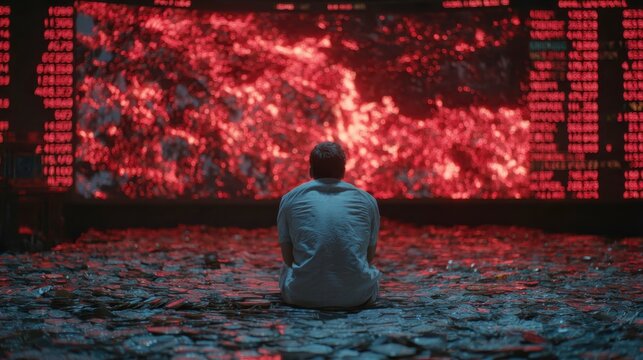 A person sits on a floor covered in flat objects, resembling coins, looking at a large screen displaying red numbers and abstract red patterns
