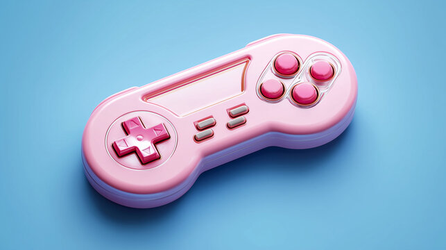 Stylized 3D illustration of classic pink gamepads spread across a blue background &mdash; perfect for arcade-themed content, gaming promotions, or digital art.

