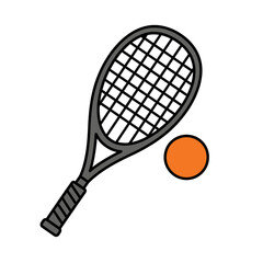 A stylized black outline illustration of a tennis racket and an orange ball.