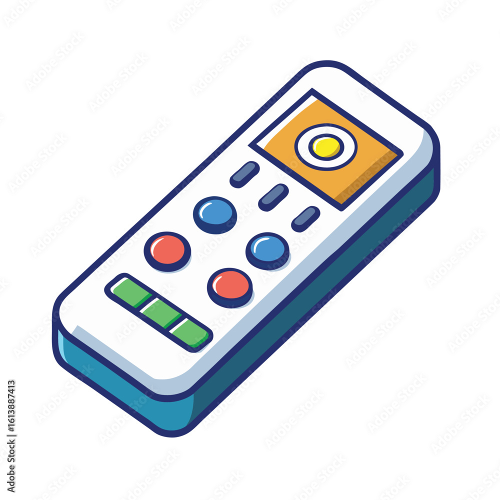 Poster modern electronic remote control device with various buttons for entertainment systems isolated on w