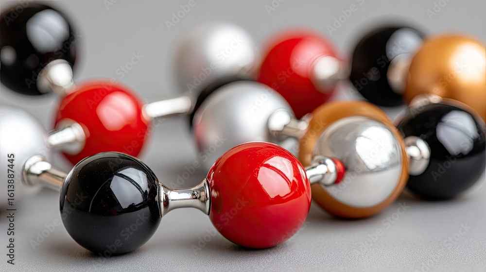 Poster an abstract tech network features black and one red sphere, centered around a cube formed by metal s