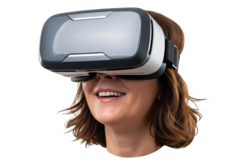 Focused Young Woman Engages with Interactive Interface in Virtual Reality, Enhancing Productivity and Collaboration. Digital Workspace Innovation on transparent background