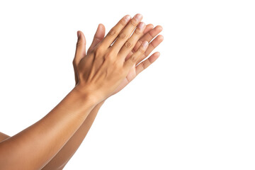 Close-up of female hands clapping against white background, expressing approval, appreciation, celebration, support, encouragement, recognition, positivity, and unity on transparent background