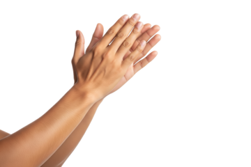 Close-up of female hands clapping against white background, expressing approval, appreciation, celebration, support, encouragement, recognition, positivity, and unity on transparent background