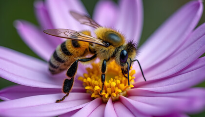 A bee is feeding on the nectar of a vibrant purple flower, capturing beauty.