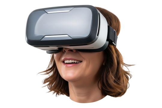 Focused Young Woman Engages with Interactive Interface in Virtual Reality, Enhancing Productivity and Collaboration. Digital Workspace Innovation on transparent background
