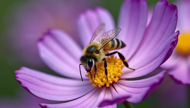 A honeybee diligently collects pollen from a vibrant purple cosmos flower. - Powered by Adobe