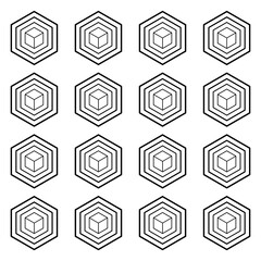 An abstract geometric seamless pattern featuring hexagon shapes, each containing a 3D cube design in concentric lines.