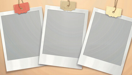 Empty photo frames hanging on a light background
