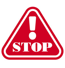 Red triangular warning sign with bold white exclamation point and “STOP” text in capital letters, framed by a white border, symbolizing caution and prohibition on a clean background.