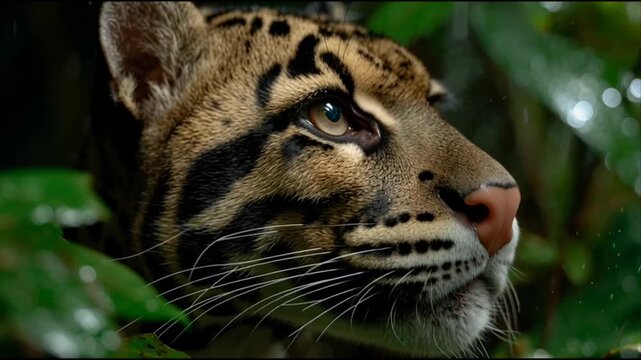 Clouded Leopard Close-Up in Southeast Asian Rainforest Canopy
