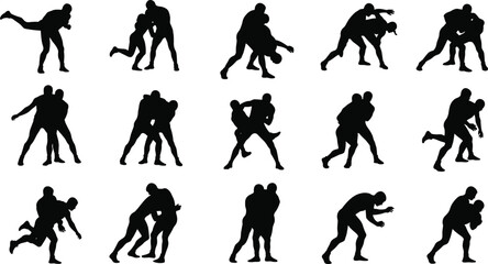 Silhouettes of wrestlers in various combat poses, martial arts movement illustration, mixed martial arts training, grappling techniques, dynamic sports action vector on white.