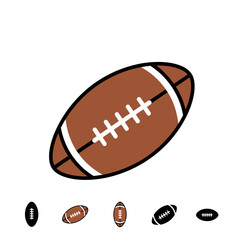 A stylized illustration of an American football, showcasing its iconic brown leather texture and white laces, with smaller variations of the ball depicted below.