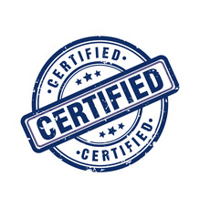 Dark navy blue circular stamped “CERTIFIED” insignia with textured distressed effect, rectangular block text centered, three small stars on each side, conveying official certification seal.
