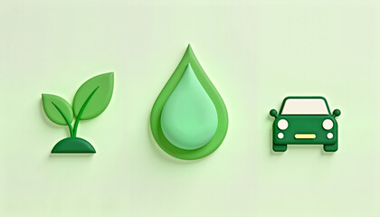 Green plant, droplet, and car icons on pale green background
