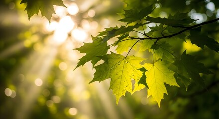 Golden sunbeams shining through vibrant green maple leaves on a tree branch in a peaceful forest. Morning sunlight creates a beautiful natural background with a soft bokeh effect.