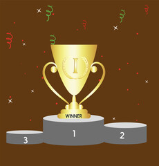 Gold trophy with ornate handles and number “1” on wreath, centered on gray three-step podium labeled “WINNER,” “2,” and “3,” with festive confetti on dark brownish-gray backdrop