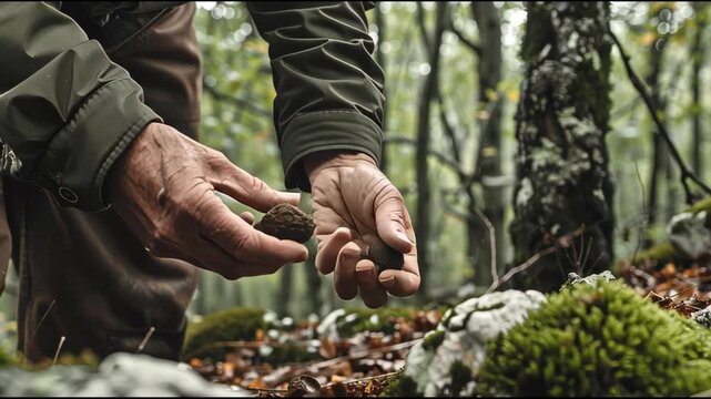 A solitary forager gathers black truffles from moss-covered woodland in tranquil solitude