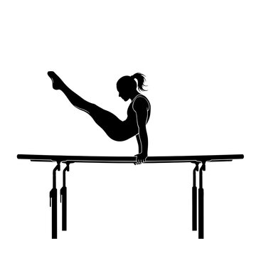 Silhouette of a female gymnast performing a handstand on parallel bars.
