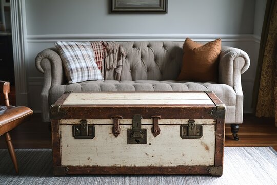 vintage steamer trunk repurposed as coffee table