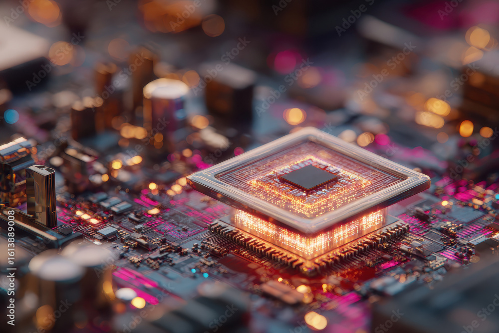 Poster close up showcases intricate details of a modern computer chip on a circuit board with glowing light