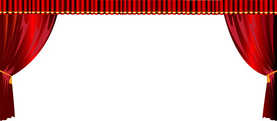Elegant red stage curtains drawn open to reveal a clean white background, adorned with golden tassels and a gold top border