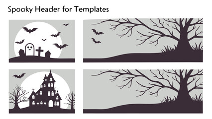 Spooky halloween themed graphic templates featuring haunted houses graveyards bats and bare trees against a pale moonlit sky perfect for headers