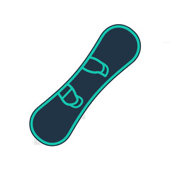A simple illustration of a snowboard, featuring teal outlines and a dark blue fill.