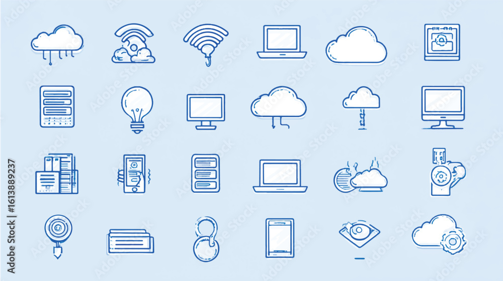 Poster collection of doodle style technology and cloud computing icons representing modern digital connecti