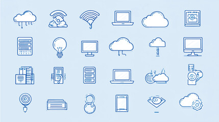 Collection of doodle style technology and cloud computing icons representing modern digital connectivity and data management systems