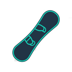 A graphic illustration of a dark blue snowboard with teal accents and bindings, presented on a white background.