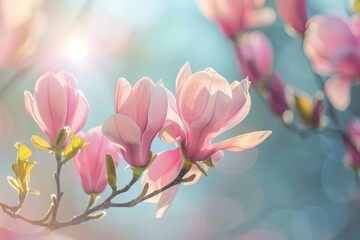 Obraz premium Beautiful pink magnolia flowers blooming on a branch against a sunny blue sky, a symbol of springtime renewal and beauty