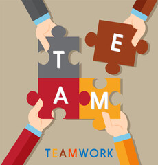 Flat graphic illustration of cartoon hands holding colorful puzzle pieces symbolizing teamwork, collaboration, and connection.
