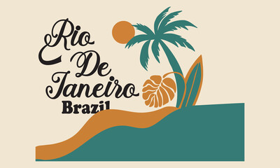 Palm tree Trendy, Amazing Brazil.Surfing Club, Copacabana, Rio de Janeiro. Tropical vibes t-shirt artwork. summer vibes artwork, beach artwork.