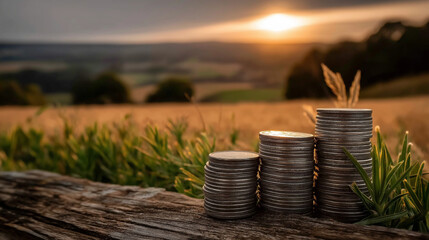 Growing Wealth: Stacks of coins symbolizing financial growth and prosperity, bathed in the warm, golden light of the setting sun, set against a backdrop of flourishing nature and fertile land.
