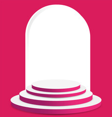 Modern 3D abstract graphic of white dome-shaped object with curved red stripe and stacked circular platforms on solid red background, combining minimalism and vibrant geometric design.