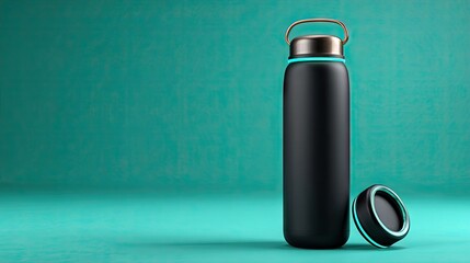 Fototapeta premium Black insulated water bottle with teal accent