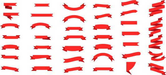 Large collection of solid red ribbon banners in various shapes including curved, straight, and pointed styles, arranged in a clean, evenly spaced grid on a white background.