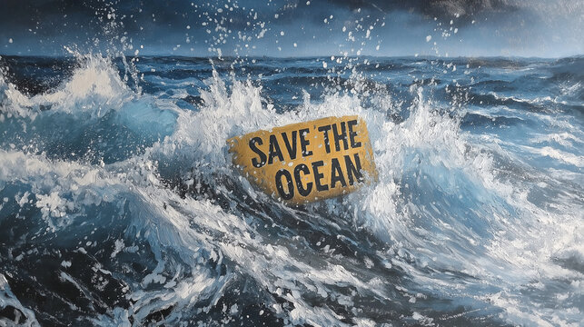 Oceanic Plea for Preservation: A poignant image captures a sign bearing the urgent message 'SAVE THE OCEAN' adrift in turbulent sea. It is a stark reminder of environmental preservation